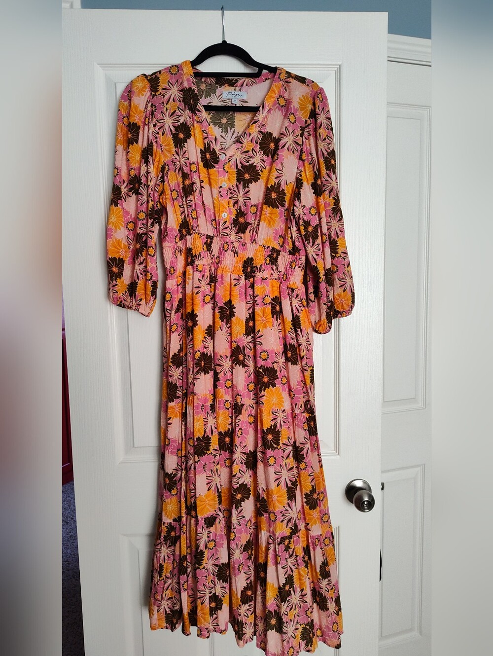 Piper & Scoot Pink Floral Maxi Dress with Mustard & Brown Accents
